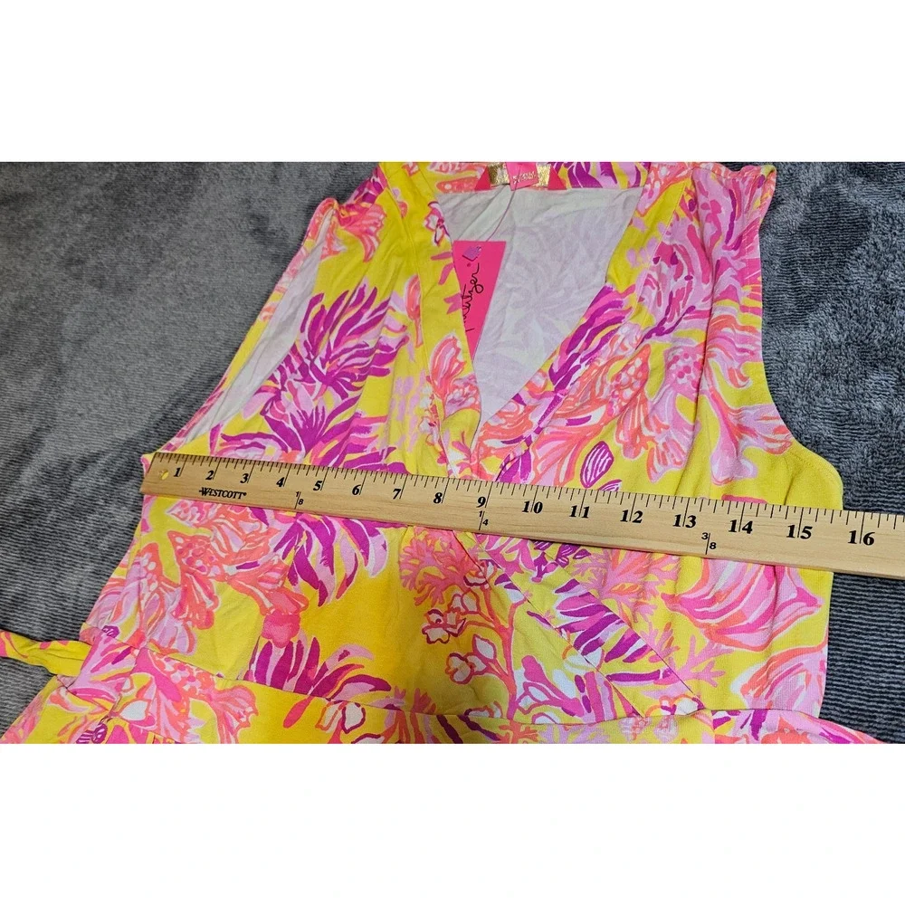 Lilly Pulitzer Folly Floral Wrap Dress Calla Yellow Floral Coral Sleeveless Sz L - Picture 9 of 12